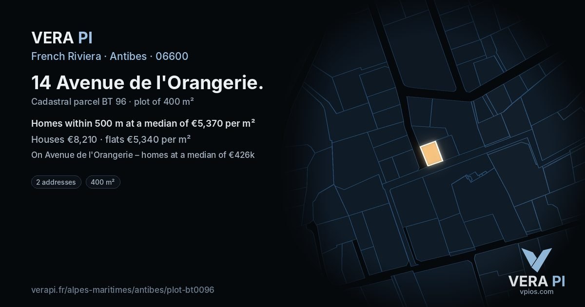 14 Avenue de l'Orangerie, Antibes at night – the plot lit, the parcels around coloured by the prices near them