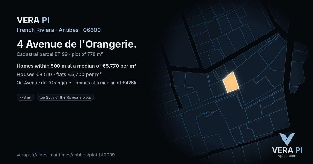 4 Avenue de l'Orangerie, Antibes at night – the plot lit, the parcels around coloured by the prices near them