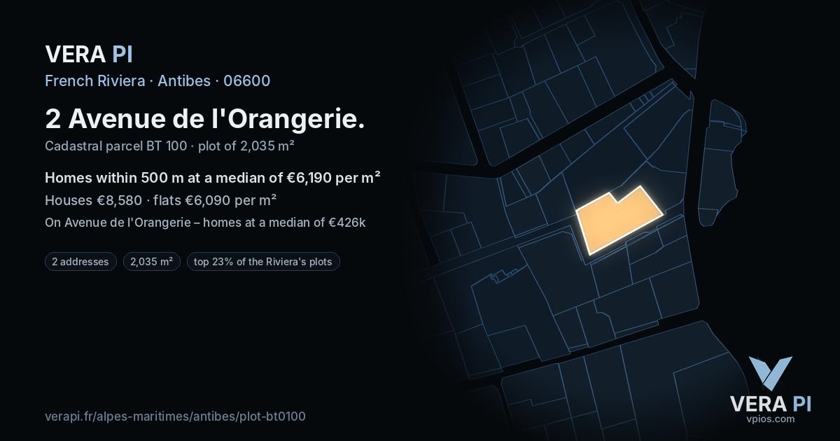 2 Avenue de l'Orangerie, Antibes at night – the plot lit, the parcels around coloured by the prices near them