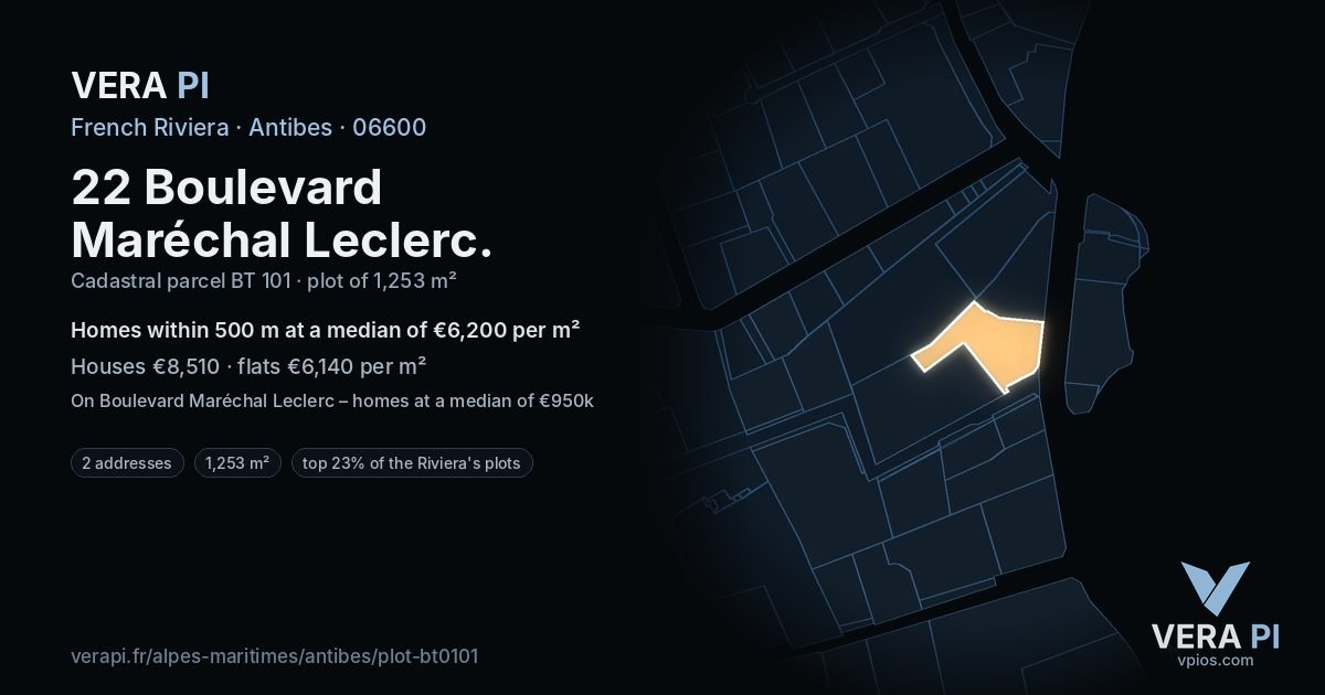 22 Boulevard Maréchal Leclerc, Antibes at night – the plot lit, the parcels around coloured by the prices near them