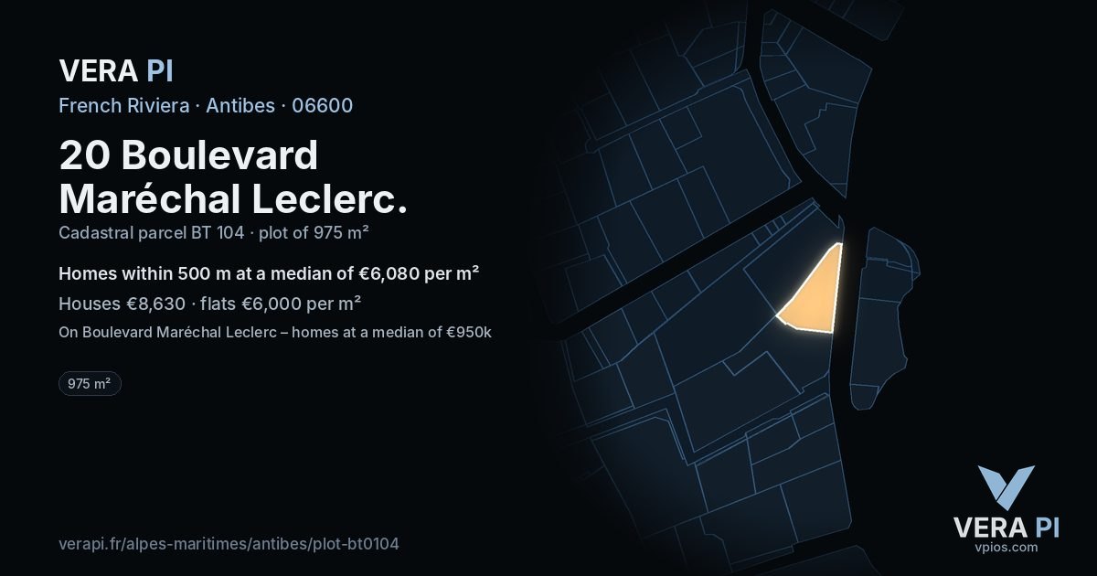 20 Boulevard Maréchal Leclerc, Antibes at night – the plot lit, the parcels around coloured by the prices near them