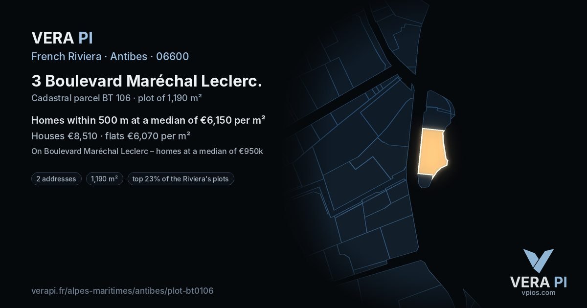 3 Boulevard Maréchal Leclerc, Antibes at night – the plot lit, the parcels around coloured by the prices near them