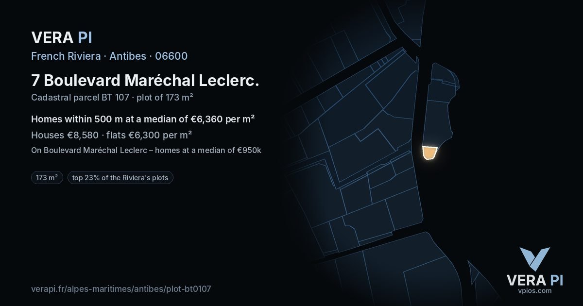 7 Boulevard Maréchal Leclerc, Antibes at night – the plot lit, the parcels around coloured by the prices near them