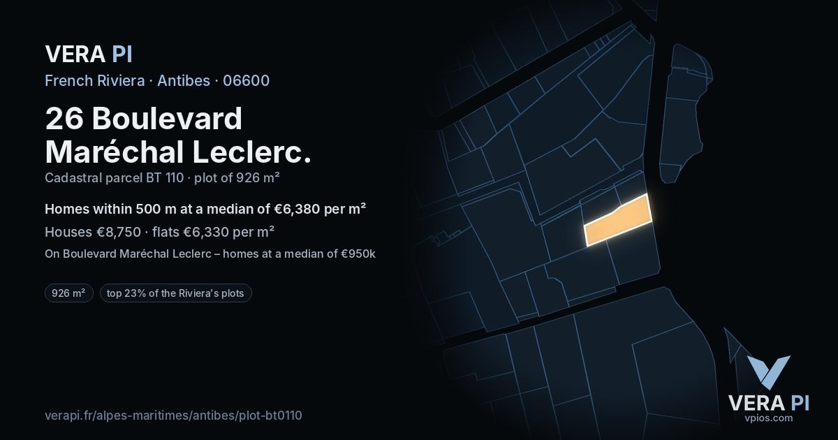 26 Boulevard Maréchal Leclerc, Antibes at night – the plot lit, the parcels around coloured by the prices near them