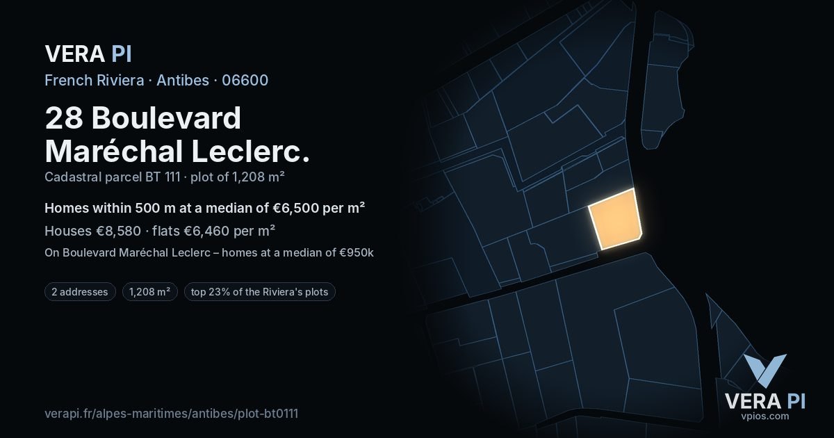 28 Boulevard Maréchal Leclerc, Antibes at night – the plot lit, the parcels around coloured by the prices near them