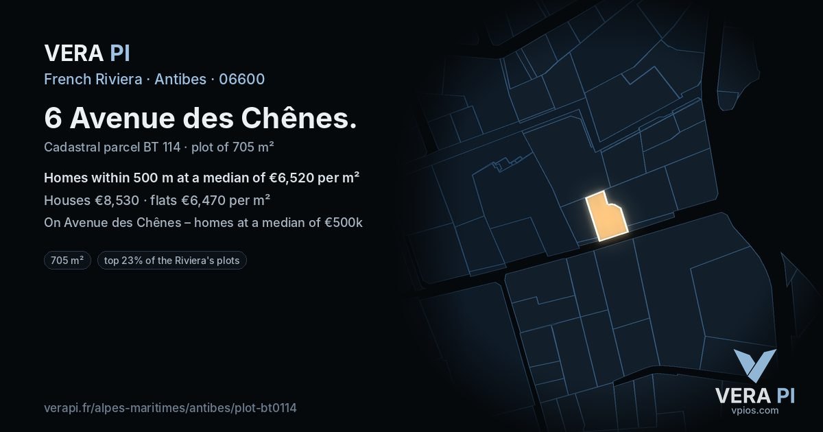 6 Avenue des Chênes, Antibes at night – the plot lit, the parcels around coloured by the prices near them