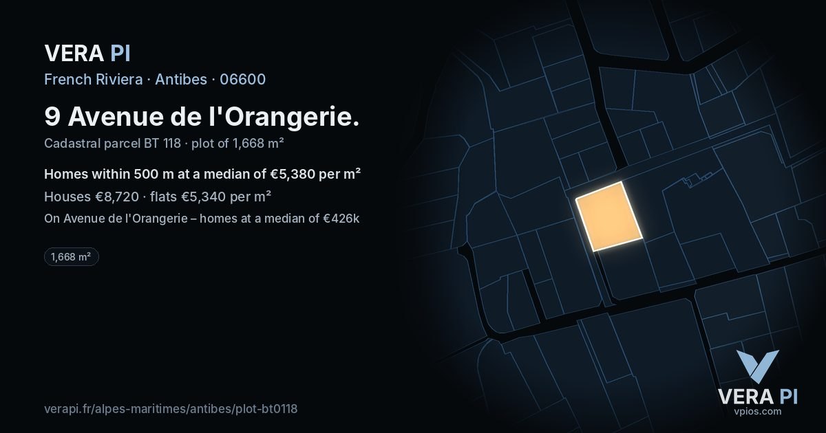 9 Avenue de l'Orangerie, Antibes at night – the plot lit, the parcels around coloured by the prices near them