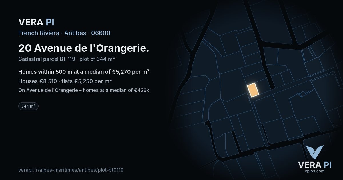 20 Avenue de l'Orangerie, Antibes at night – the plot lit, the parcels around coloured by the prices near them