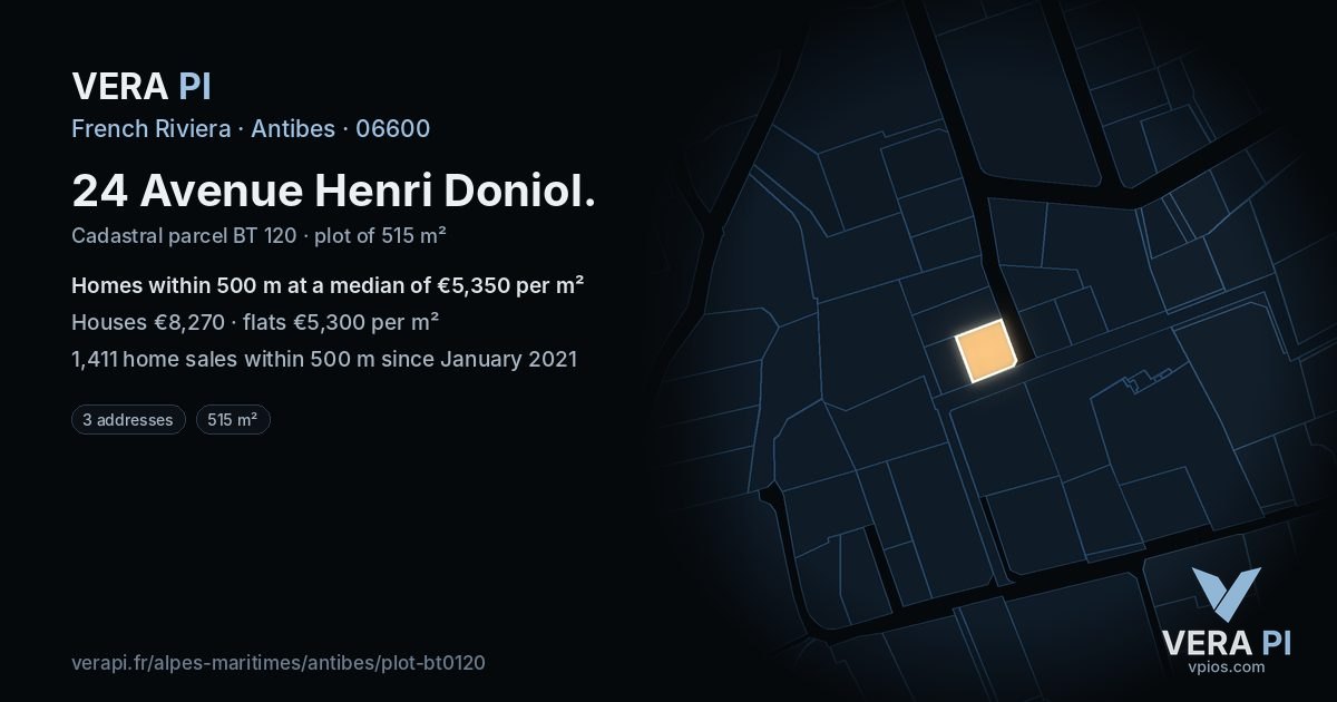 24 Avenue Henri Doniol, Antibes at night – the plot lit, the parcels around coloured by the prices near them