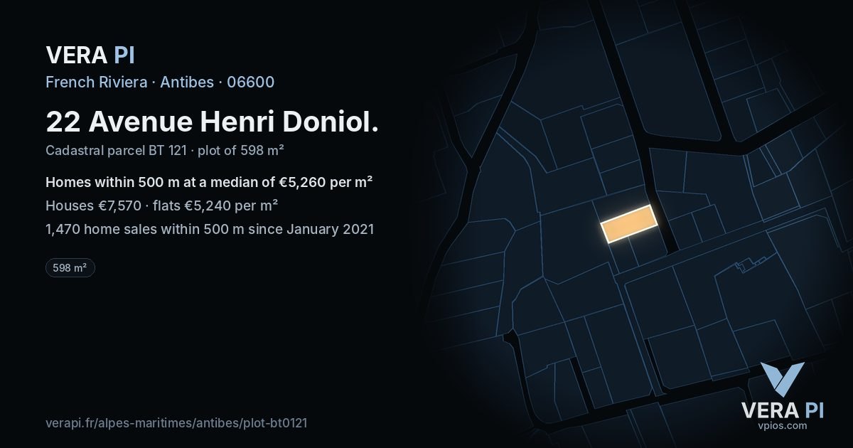22 Avenue Henri Doniol, Antibes at night – the plot lit, the parcels around coloured by the prices near them