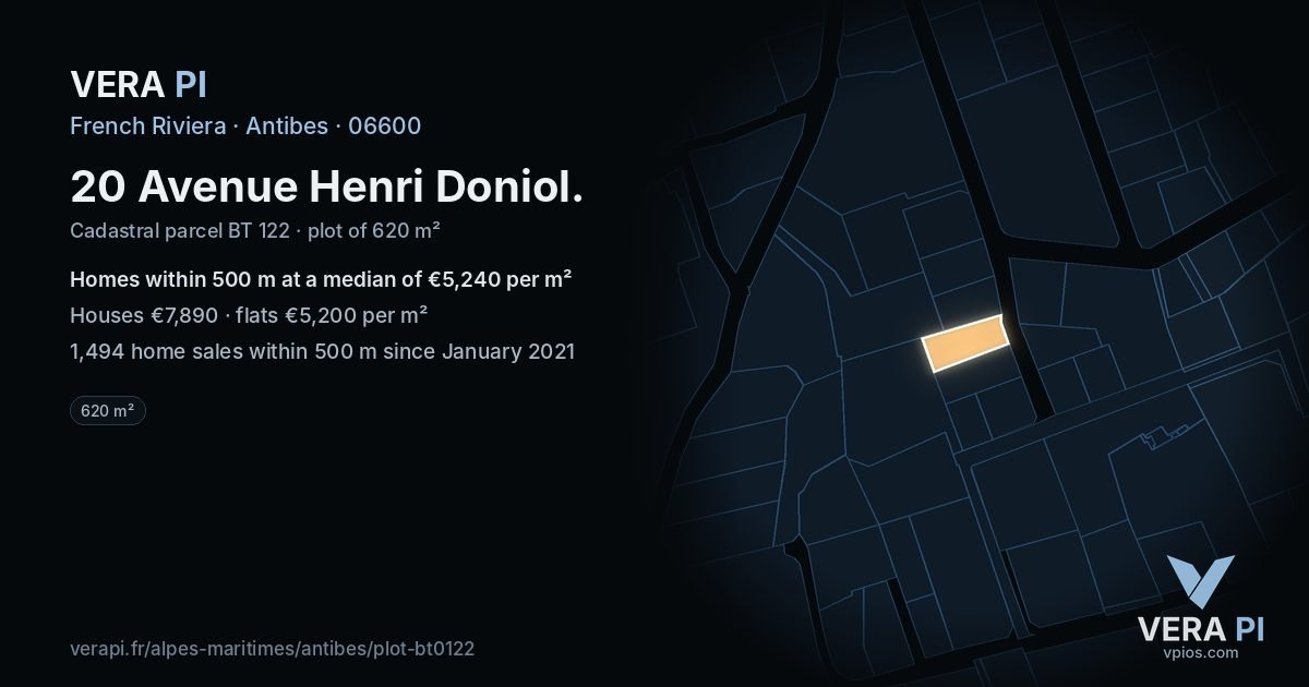 20 Avenue Henri Doniol, Antibes at night – the plot lit, the parcels around coloured by the prices near them