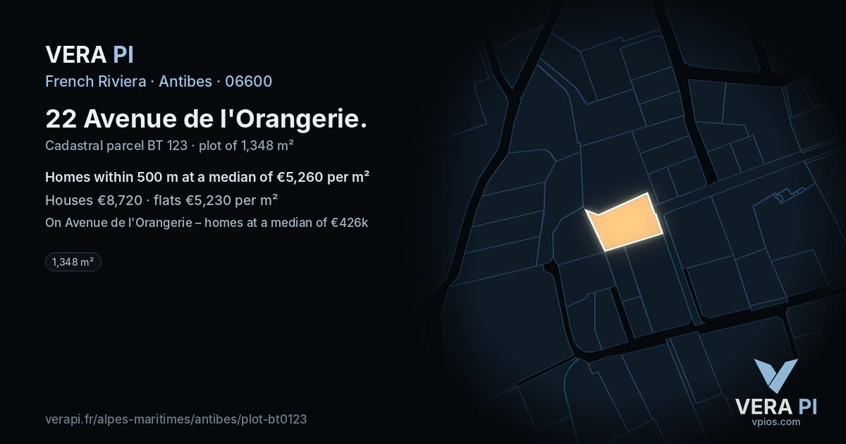 22 Avenue de l'Orangerie, Antibes at night – the plot lit, the parcels around coloured by the prices near them