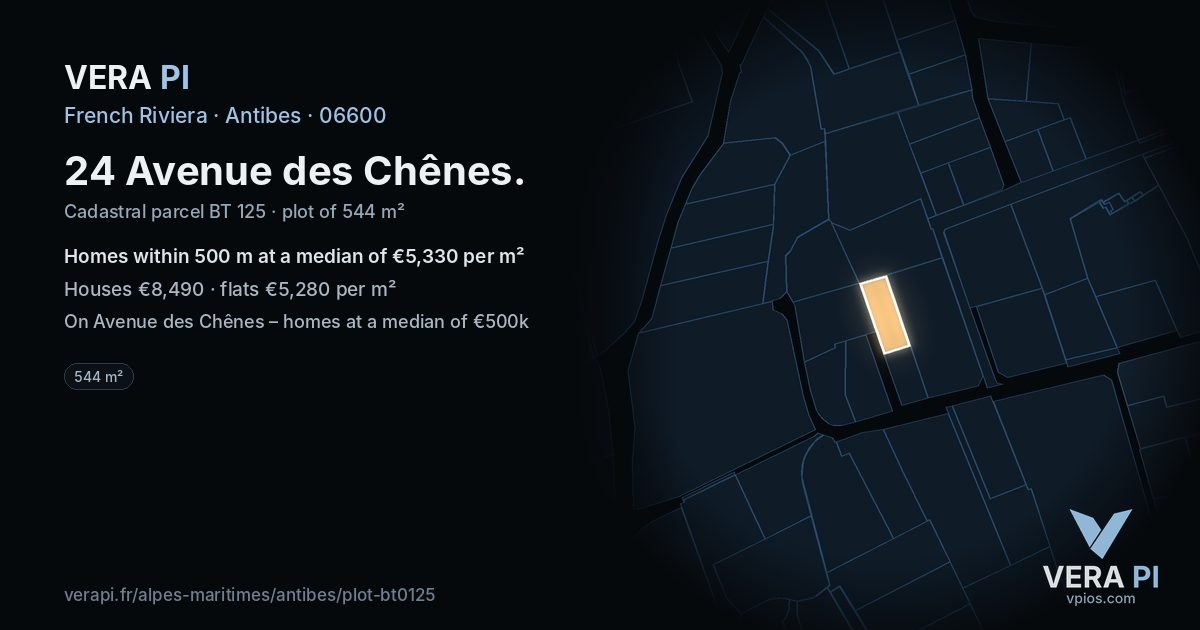 24 Avenue des Chênes, Antibes at night – the plot lit, the parcels around coloured by the prices near them