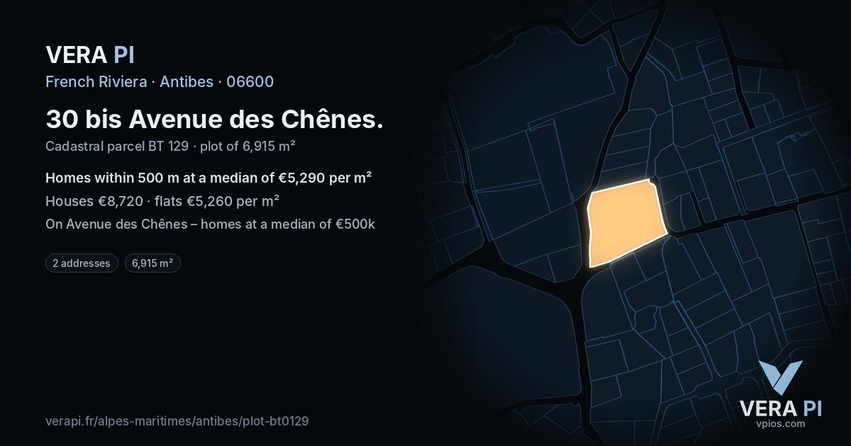 30 bis Avenue des Chênes, Antibes at night – the plot lit, the parcels around coloured by the prices near them