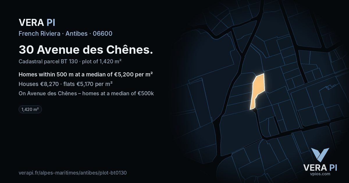 30 Avenue des Chênes, Antibes at night – the plot lit, the parcels around coloured by the prices near them