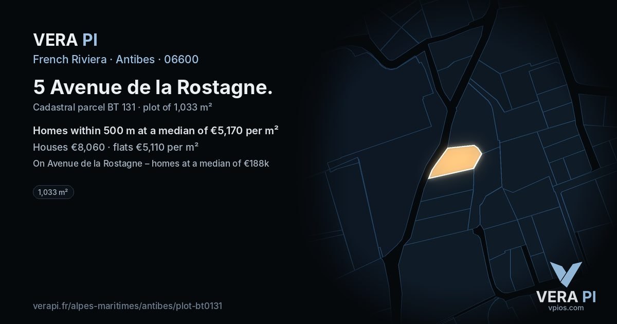 5 Avenue de la Rostagne, Antibes at night – the plot lit, the parcels around coloured by the prices near them