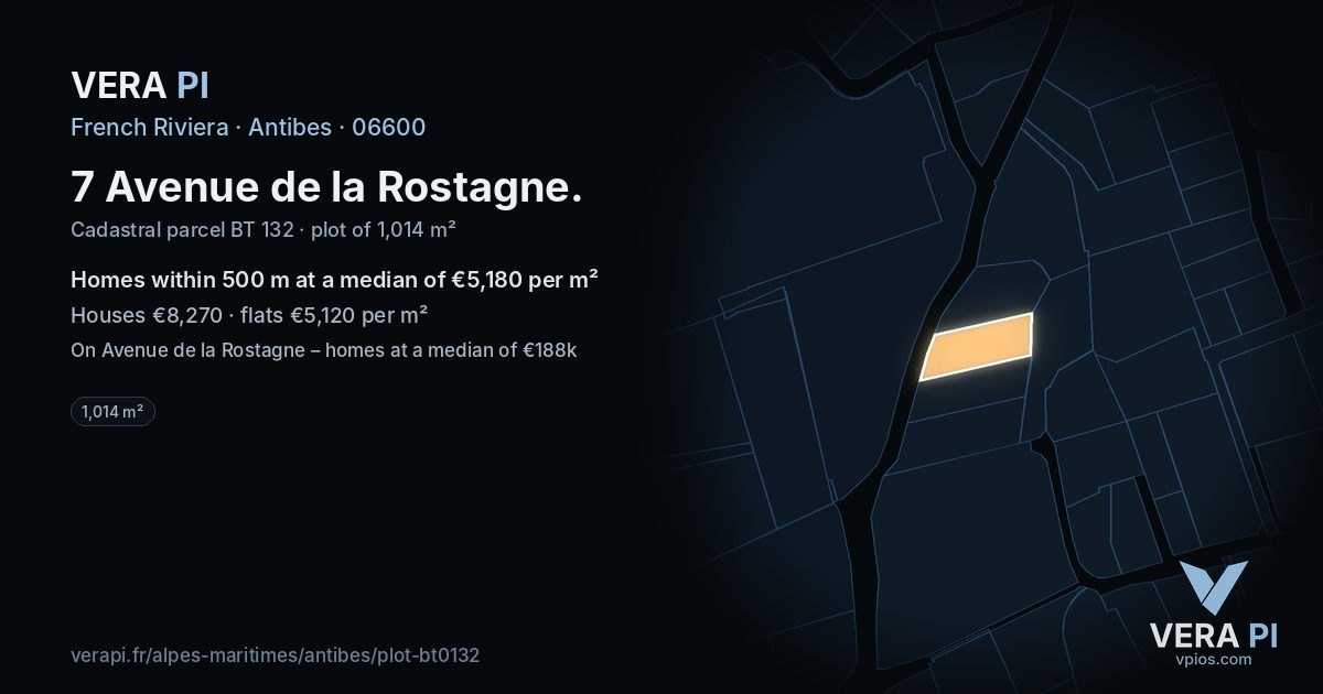 7 Avenue de la Rostagne, Antibes at night – the plot lit, the parcels around coloured by the prices near them