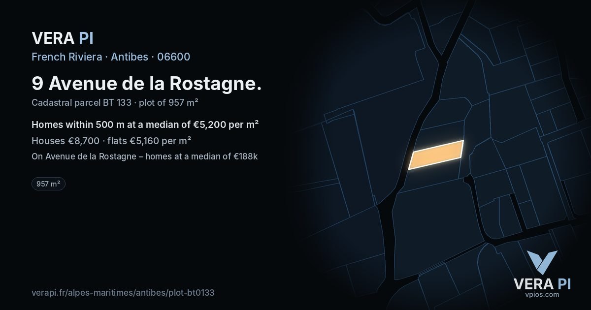 9 Avenue de la Rostagne, Antibes at night – the plot lit, the parcels around coloured by the prices near them