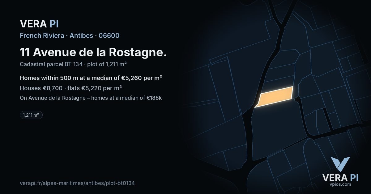 11 Avenue de la Rostagne, Antibes at night – the plot lit, the parcels around coloured by the prices near them