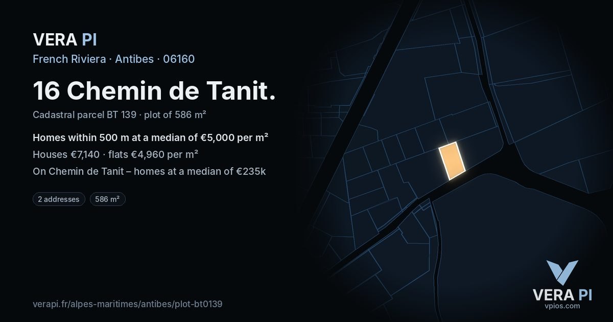 16 Chemin de Tanit, Antibes at night – the plot lit, the parcels around coloured by the prices near them