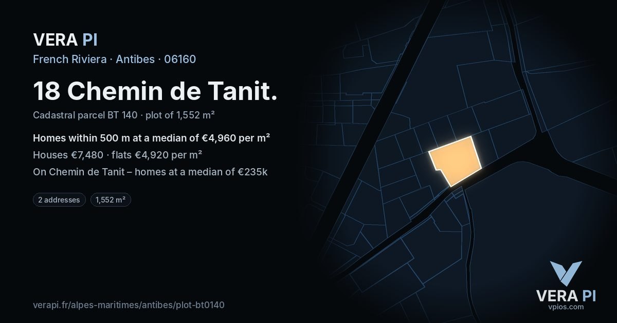 18 Chemin de Tanit, Antibes at night – the plot lit, the parcels around coloured by the prices near them