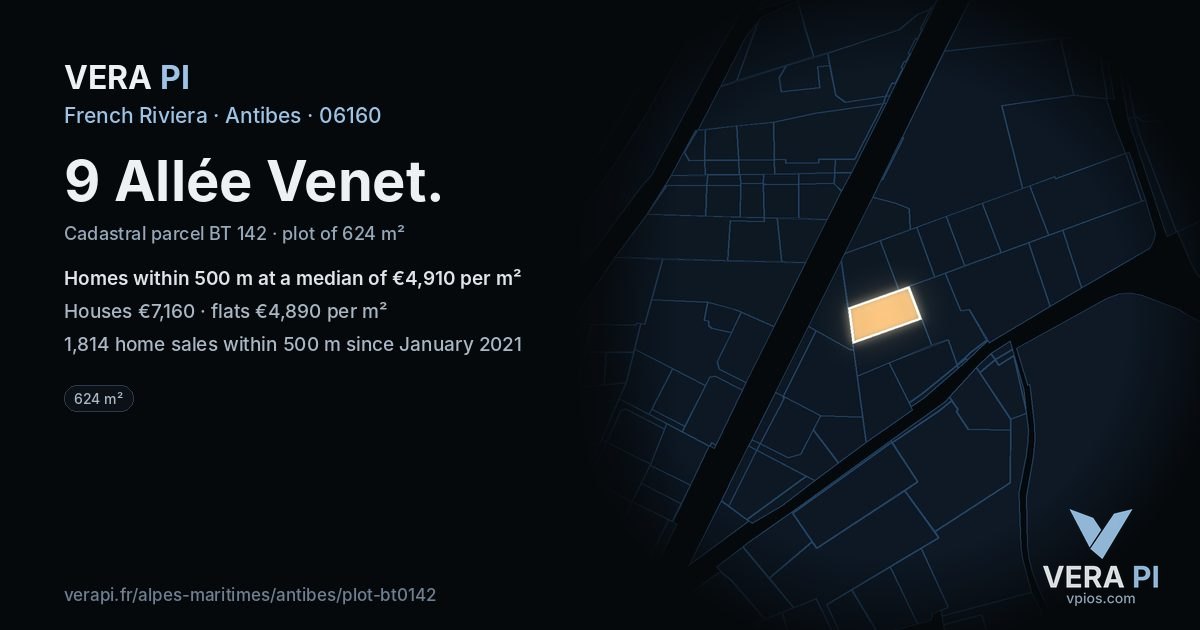 9 Allée Venet, Antibes at night – the plot lit, the parcels around coloured by the prices near them