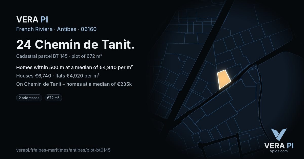24 Chemin de Tanit, Antibes at night – the plot lit, the parcels around coloured by the prices near them