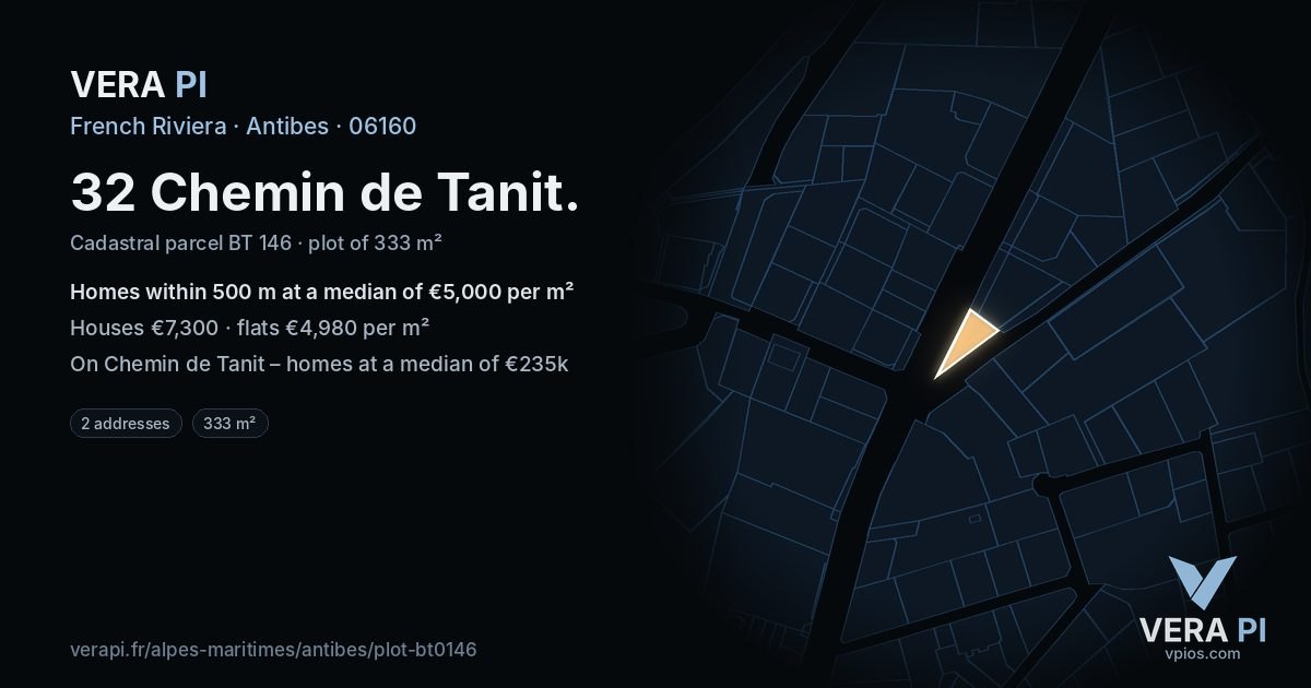 32 Chemin de Tanit, Antibes at night – the plot lit, the parcels around coloured by the prices near them
