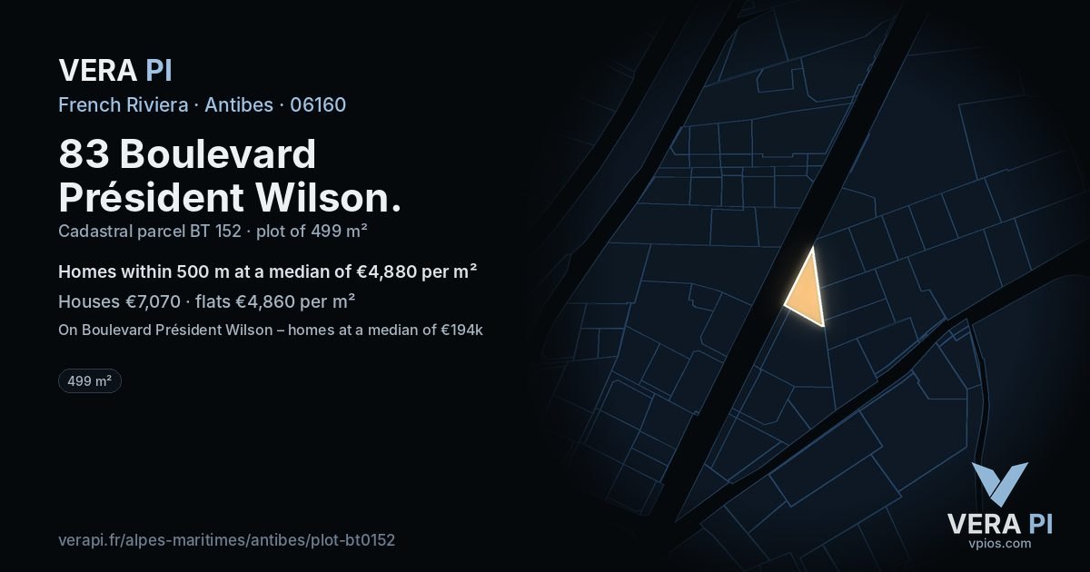 83 Boulevard Président Wilson, Antibes at night – the plot lit, the parcels around coloured by the prices near them