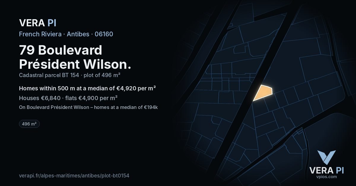 79 Boulevard Président Wilson, Antibes at night – the plot lit, the parcels around coloured by the prices near them