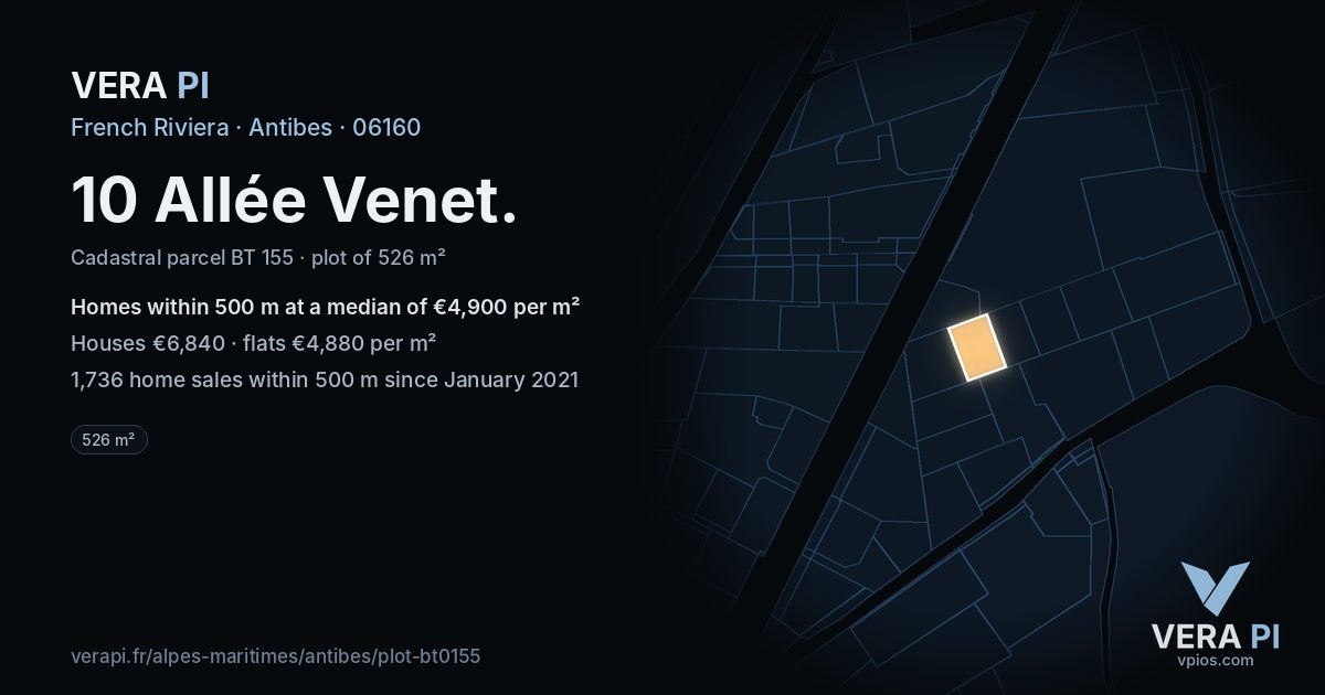 10 Allée Venet, Antibes at night – the plot lit, the parcels around coloured by the prices near them