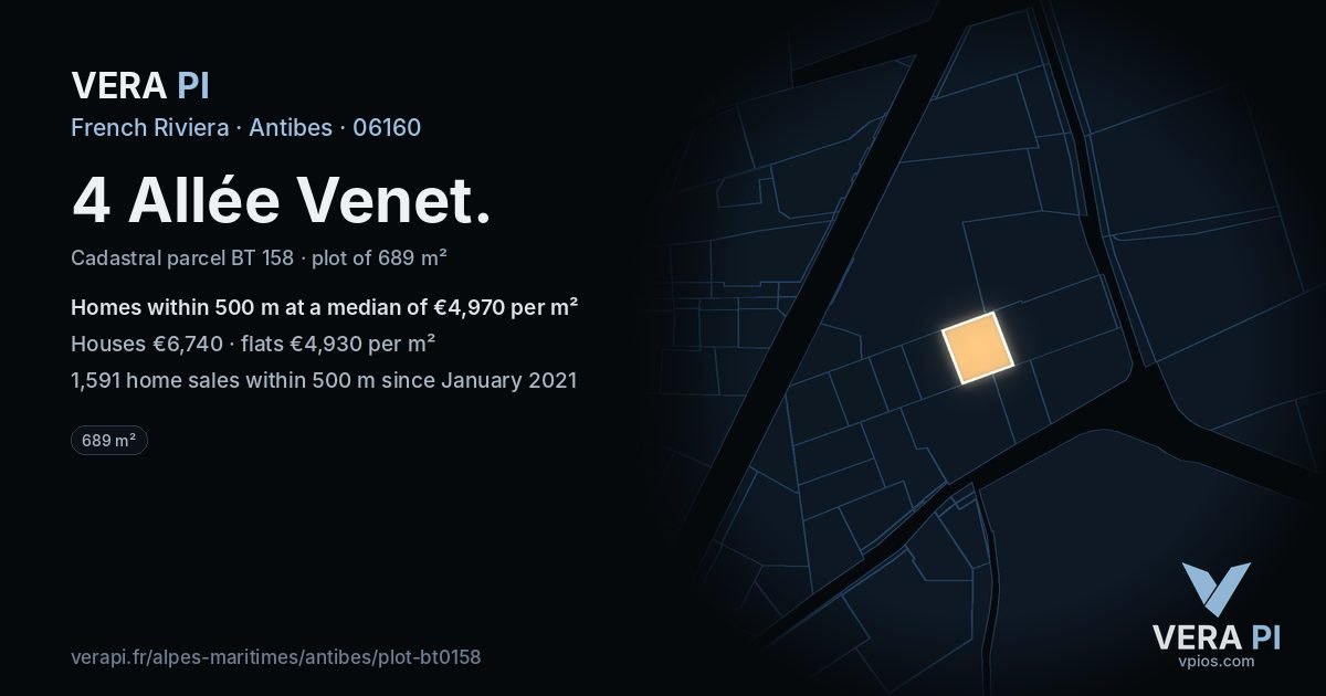 4 Allée Venet, Antibes at night – the plot lit, the parcels around coloured by the prices near them
