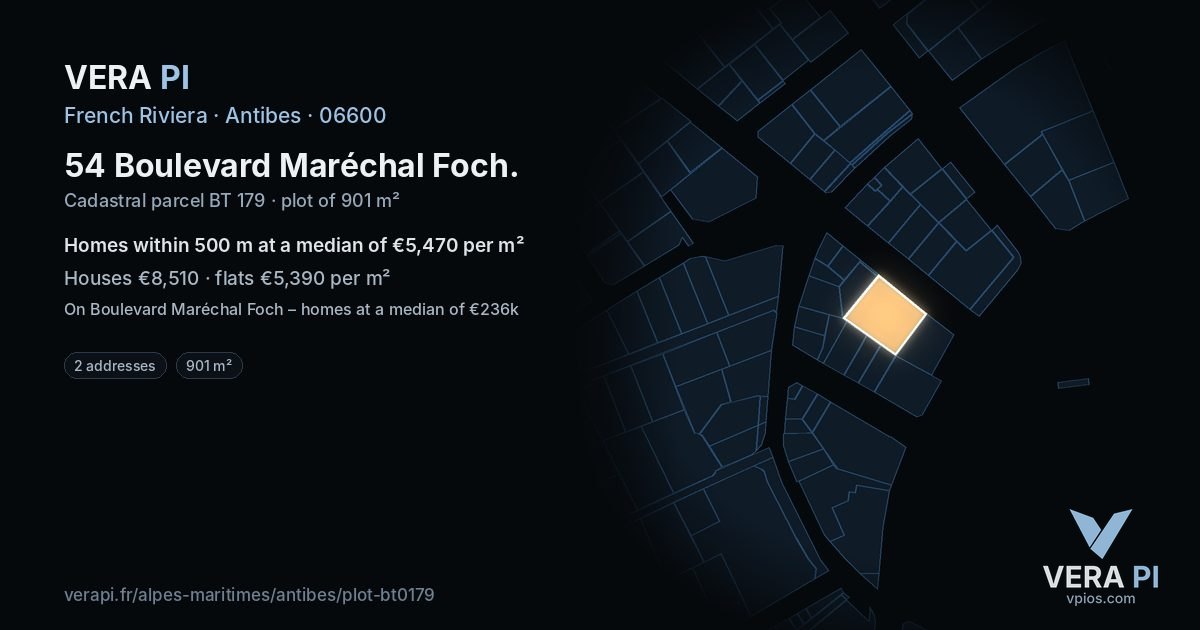 54 Boulevard Maréchal Foch, Antibes at night – the plot lit, the parcels around coloured by the prices near them