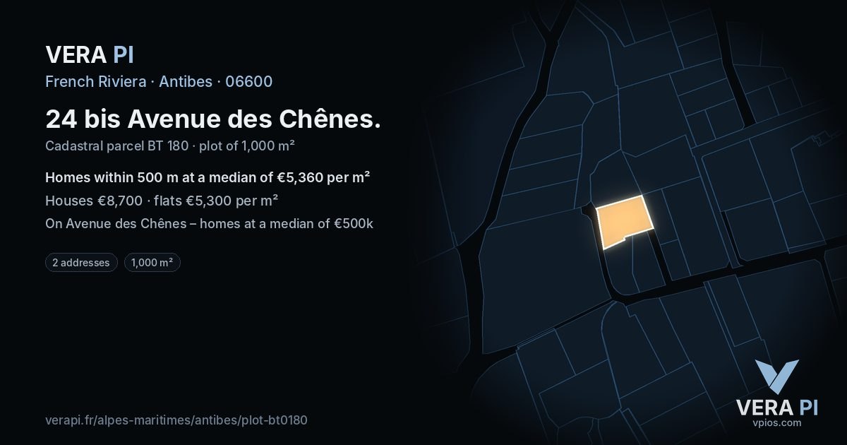 24 bis Avenue des Chênes, Antibes at night – the plot lit, the parcels around coloured by the prices near them
