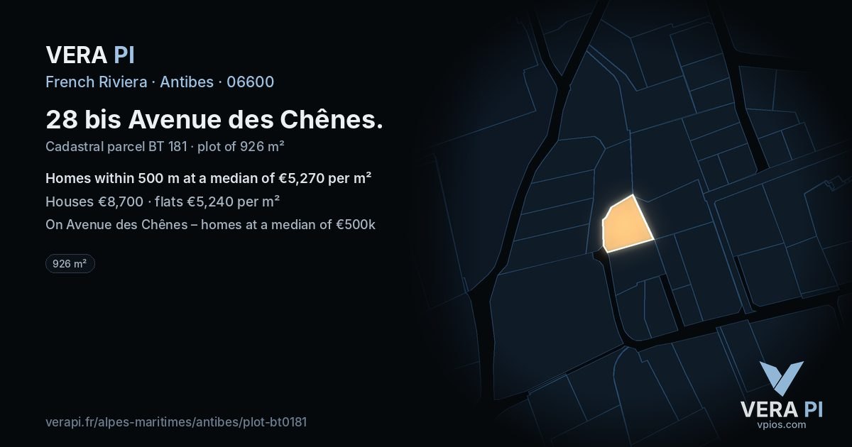 28 bis Avenue des Chênes, Antibes at night – the plot lit, the parcels around coloured by the prices near them