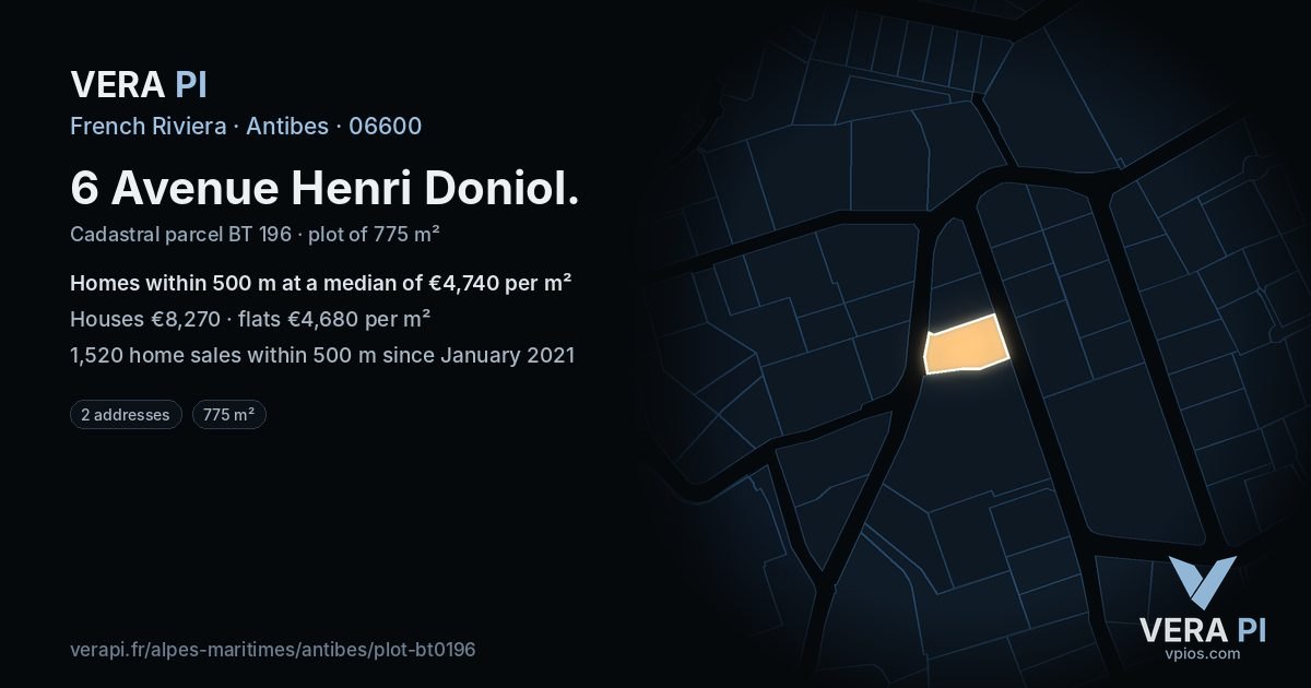 6 Avenue Henri Doniol, Antibes at night – the plot lit, the parcels around coloured by the prices near them