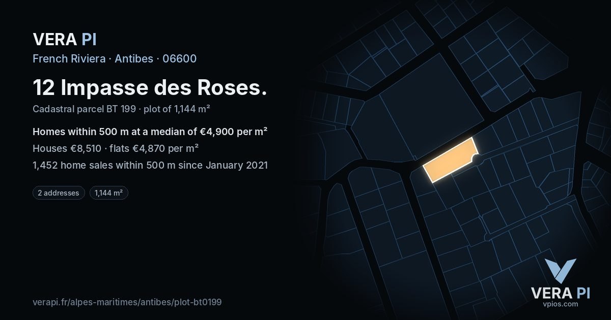 12 Impasse des Roses, Antibes at night – the plot lit, the parcels around coloured by the prices near them