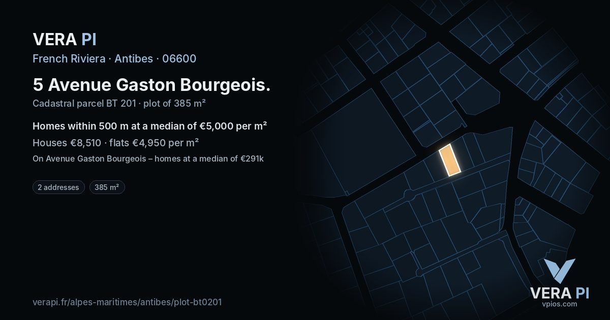 5 Avenue Gaston Bourgeois, Antibes at night – the plot lit, the parcels around coloured by the prices near them