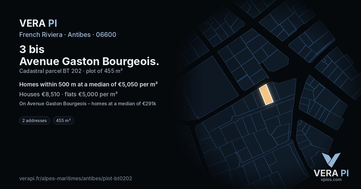 3 bis Avenue Gaston Bourgeois, Antibes at night – the plot lit, the parcels around coloured by the prices near them