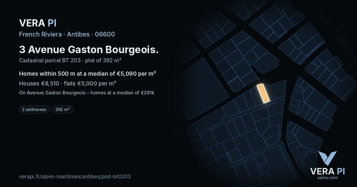 3 Avenue Gaston Bourgeois, Antibes at night – the plot lit, the parcels around coloured by the prices near them