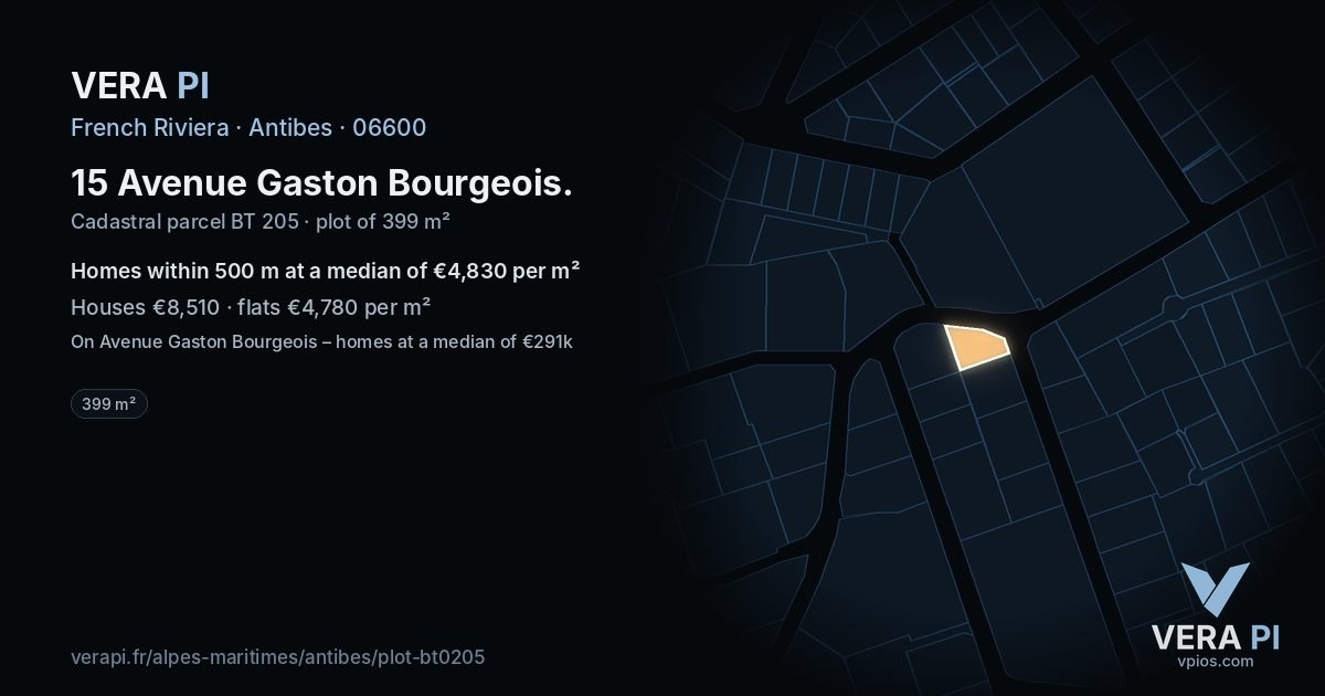 15 Avenue Gaston Bourgeois, Antibes at night – the plot lit, the parcels around coloured by the prices near them