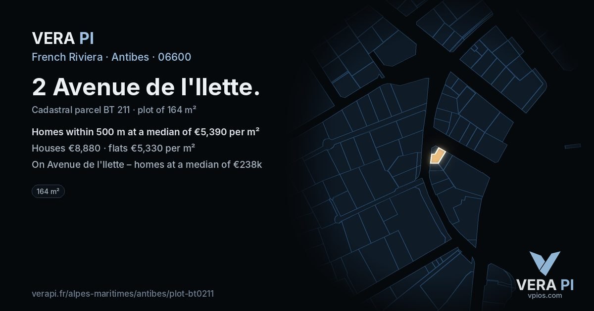 2 Avenue de l'Ilette, Antibes at night – the plot lit, the parcels around coloured by the prices near them