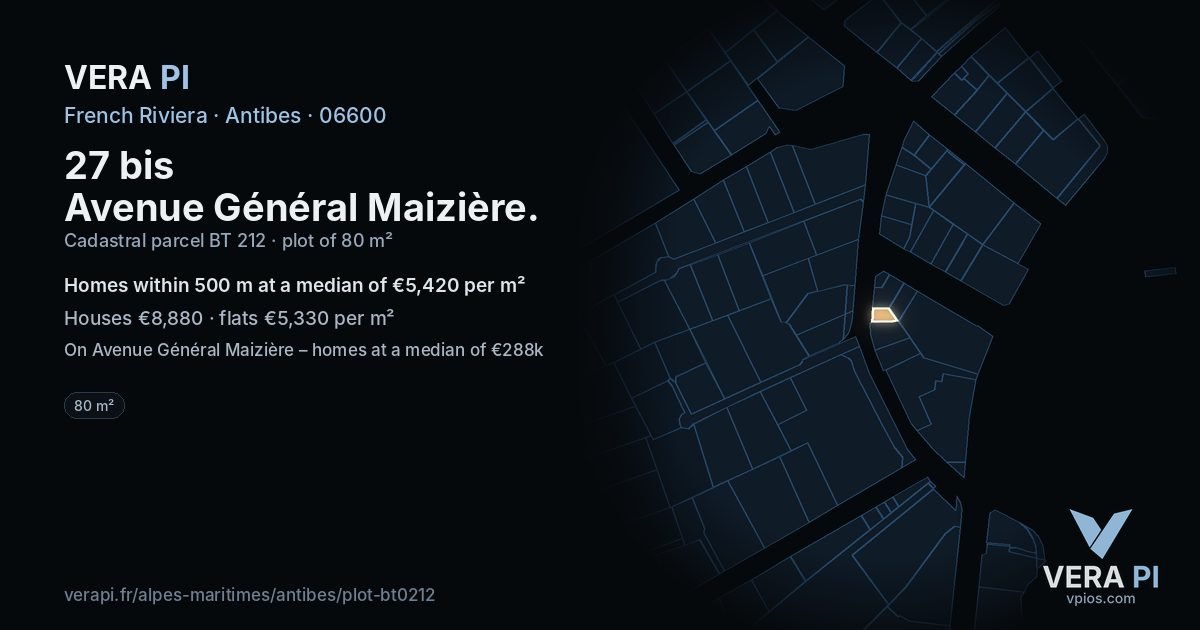 27 bis Avenue Général Maizière, Antibes at night – the plot lit, the parcels around coloured by the prices near them