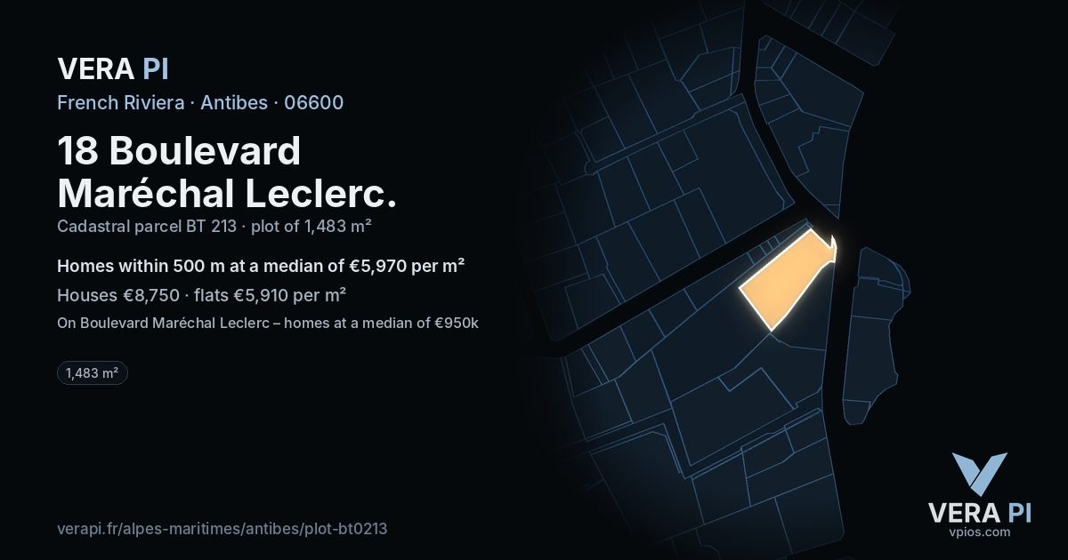 18 Boulevard Maréchal Leclerc, Antibes at night – the plot lit, the parcels around coloured by the prices near them