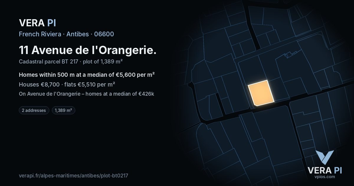 11 Avenue de l'Orangerie, Antibes at night – the plot lit, the parcels around coloured by the prices near them