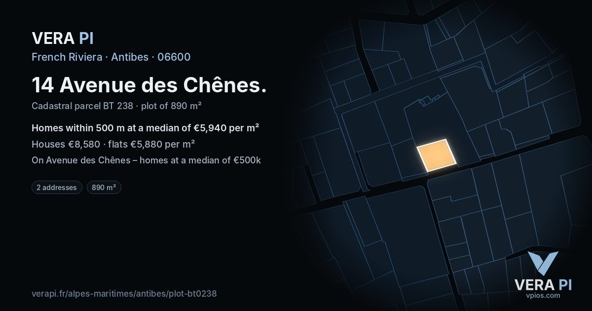 14 Avenue des Chênes, Antibes at night – the plot lit, the parcels around coloured by the prices near them