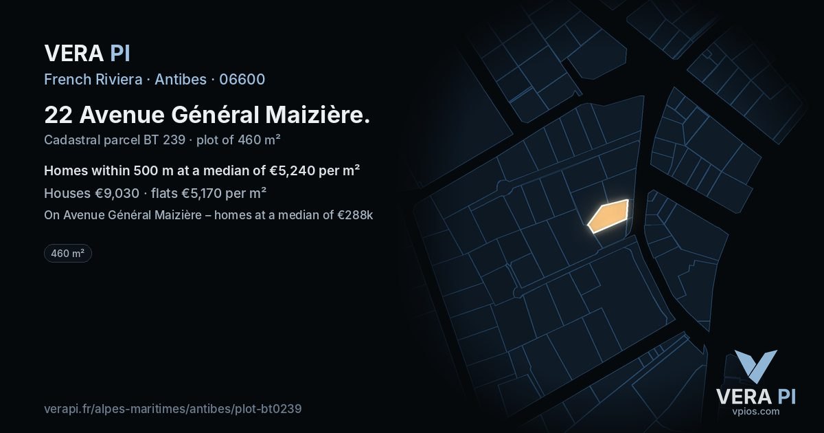 22 Avenue Général Maizière, Antibes at night – the plot lit, the parcels around coloured by the prices near them