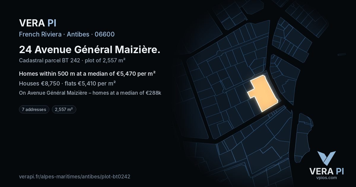 24 Avenue Général Maizière, Antibes at night – the plot lit, the parcels around coloured by the prices near them