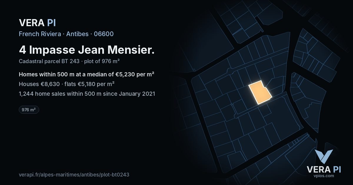 4 Impasse Jean Mensier, Antibes at night – the plot lit, the parcels around coloured by the prices near them