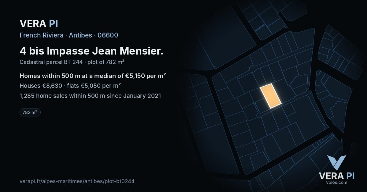 4 bis Impasse Jean Mensier, Antibes at night – the plot lit, the parcels around coloured by the prices near them